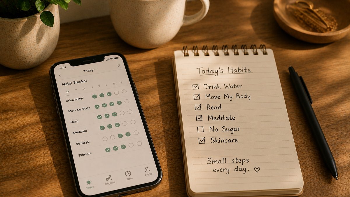 A bullet journal next to a phone showing a habit tracker app, both open on a desk