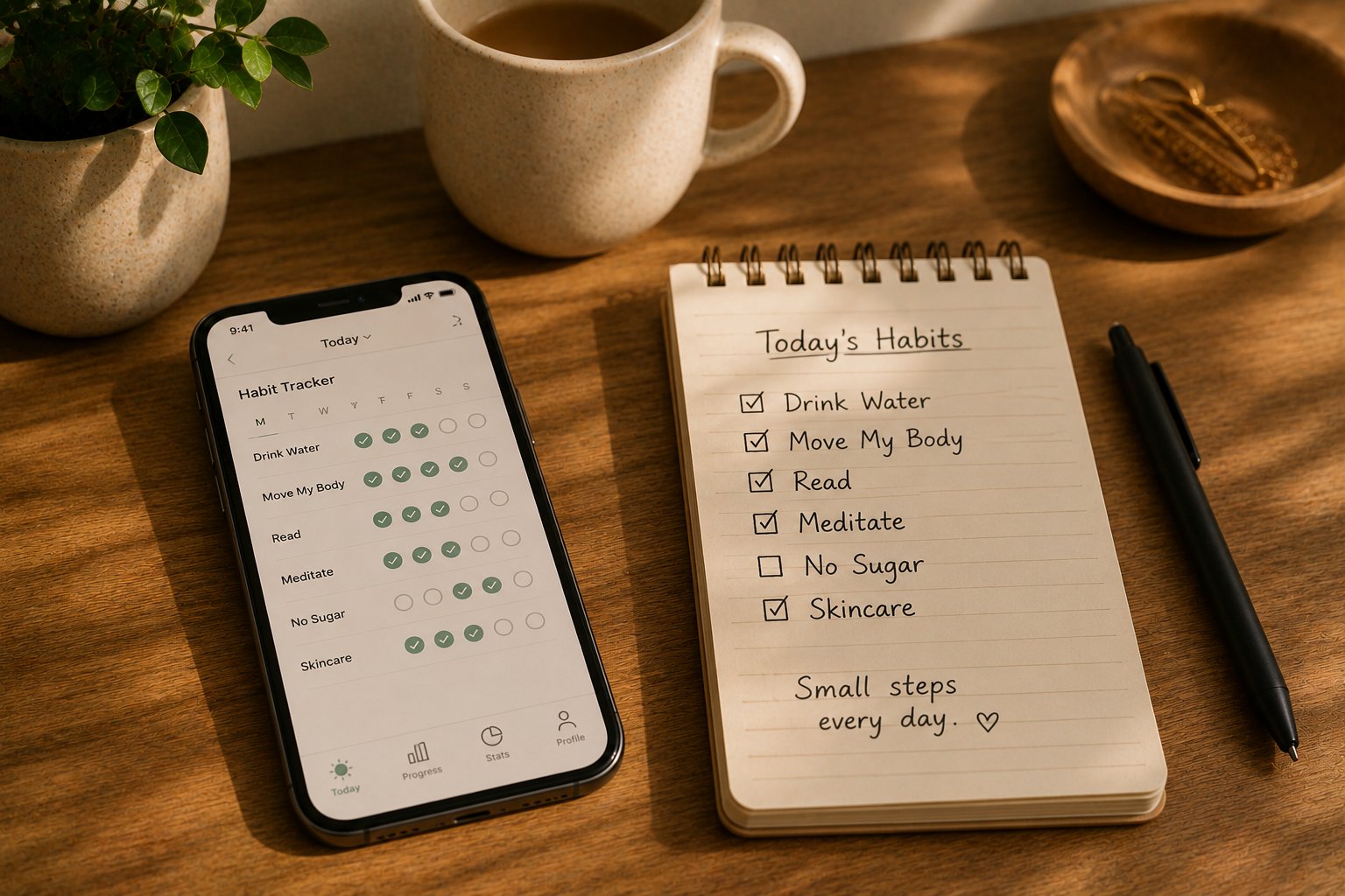 A bullet journal next to a phone showing a habit tracker app, both open on a desk