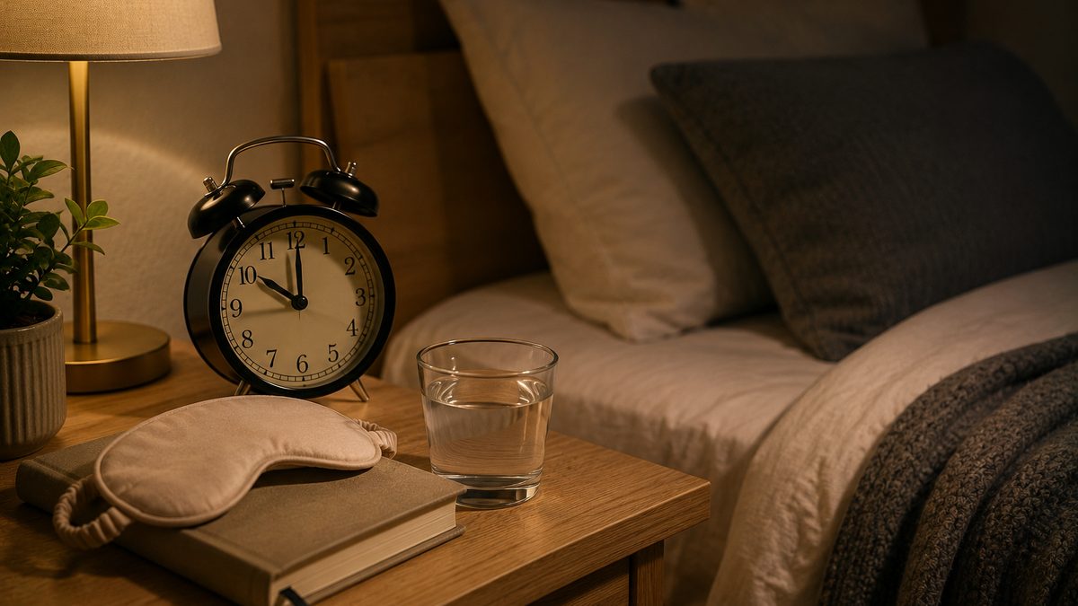 A made bed with warm bedside lamp on a nightstand beside a phone showing a bedtime tracker