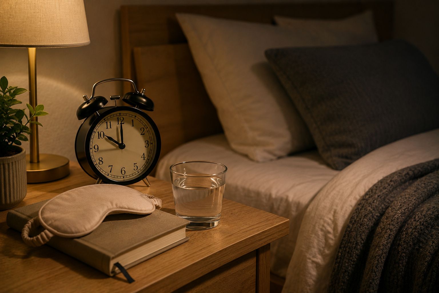 A made bed with warm bedside lamp on a nightstand beside a phone showing a bedtime tracker