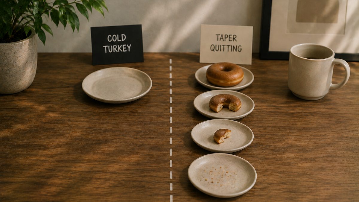 A calendar and tracker phone screen showing a step-down taper plan beside a closed pack of cigarettes
