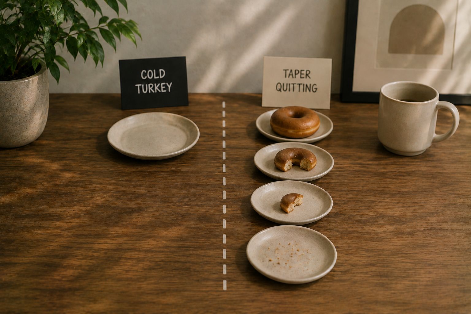 A calendar and tracker phone screen showing a step-down taper plan beside a closed pack of cigarettes