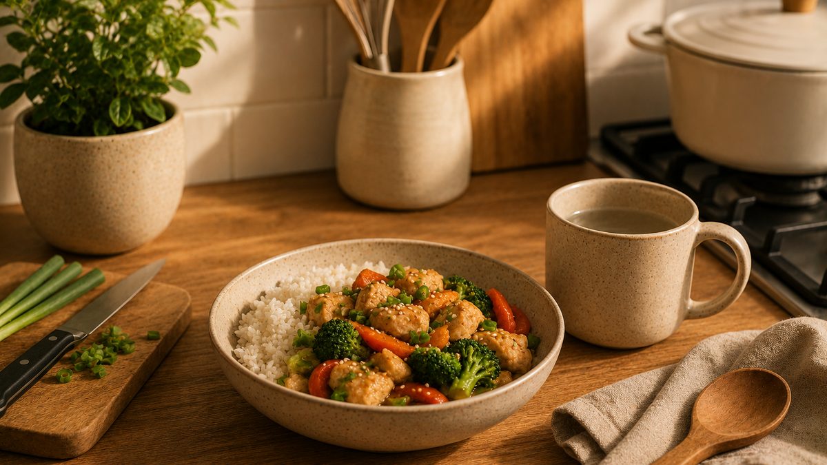 A simple home-cooked meal on a wooden table beside a phone showing a cook-at-home tracker