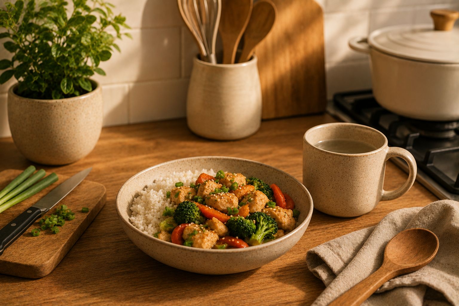 A simple home-cooked meal on a wooden table beside a phone showing a cook-at-home tracker