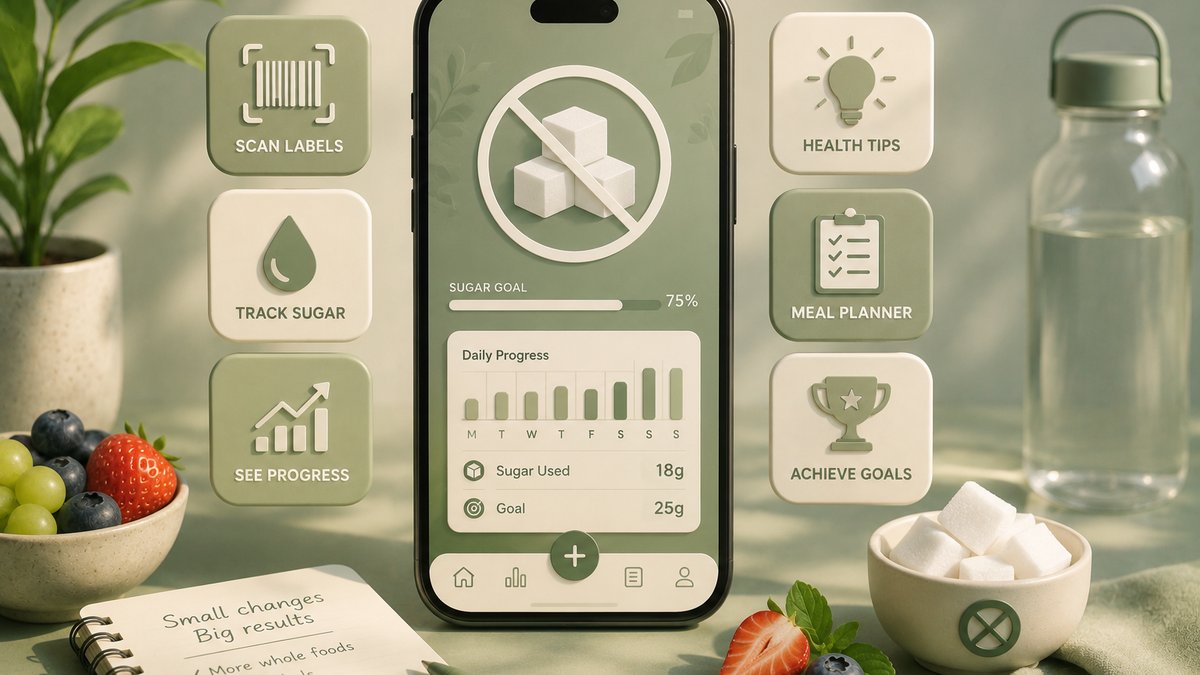 Phone showing a sugar reduction tracker app beside a pile of sugar cubes