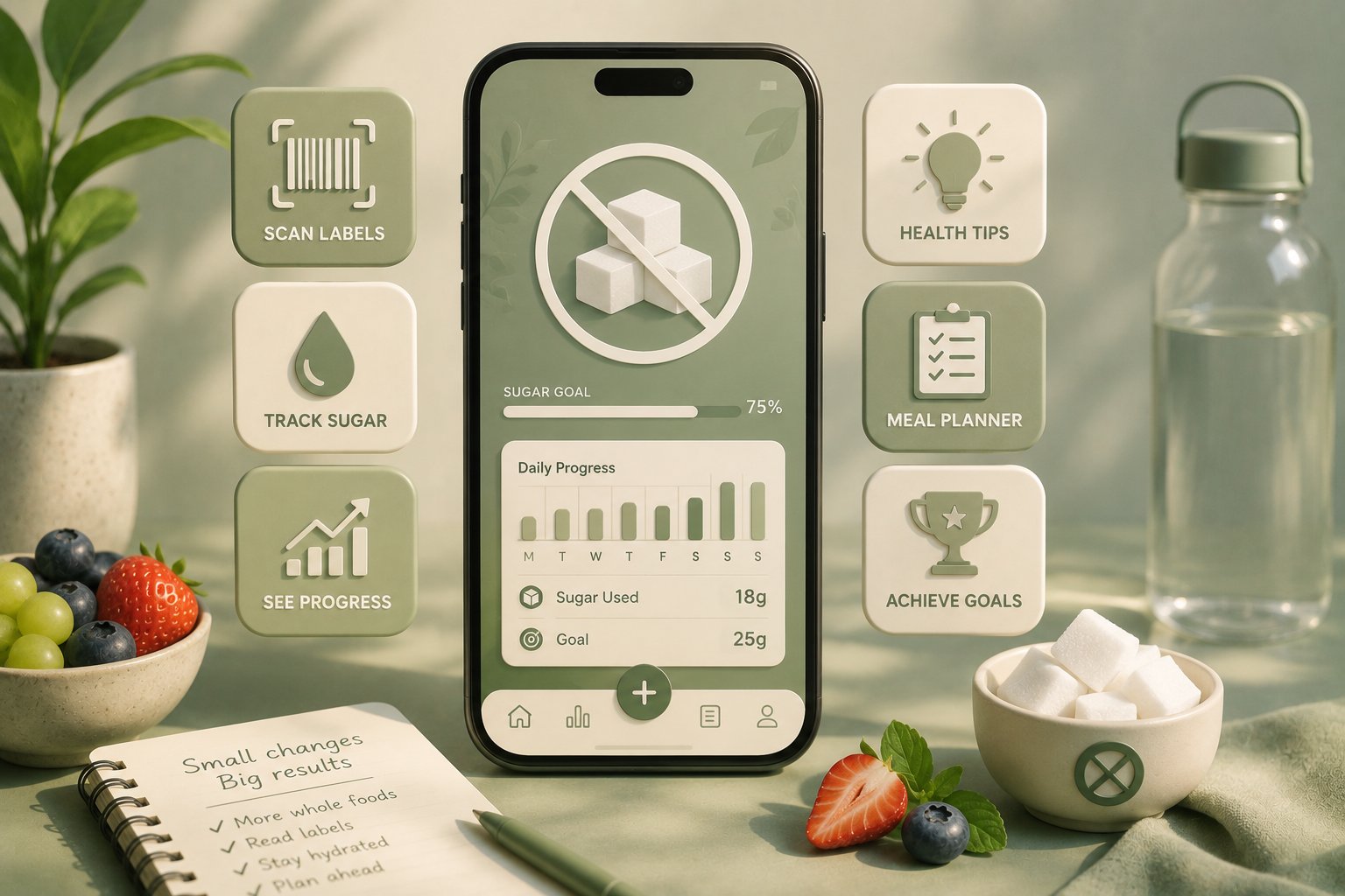 Phone showing a sugar reduction tracker app beside a pile of sugar cubes