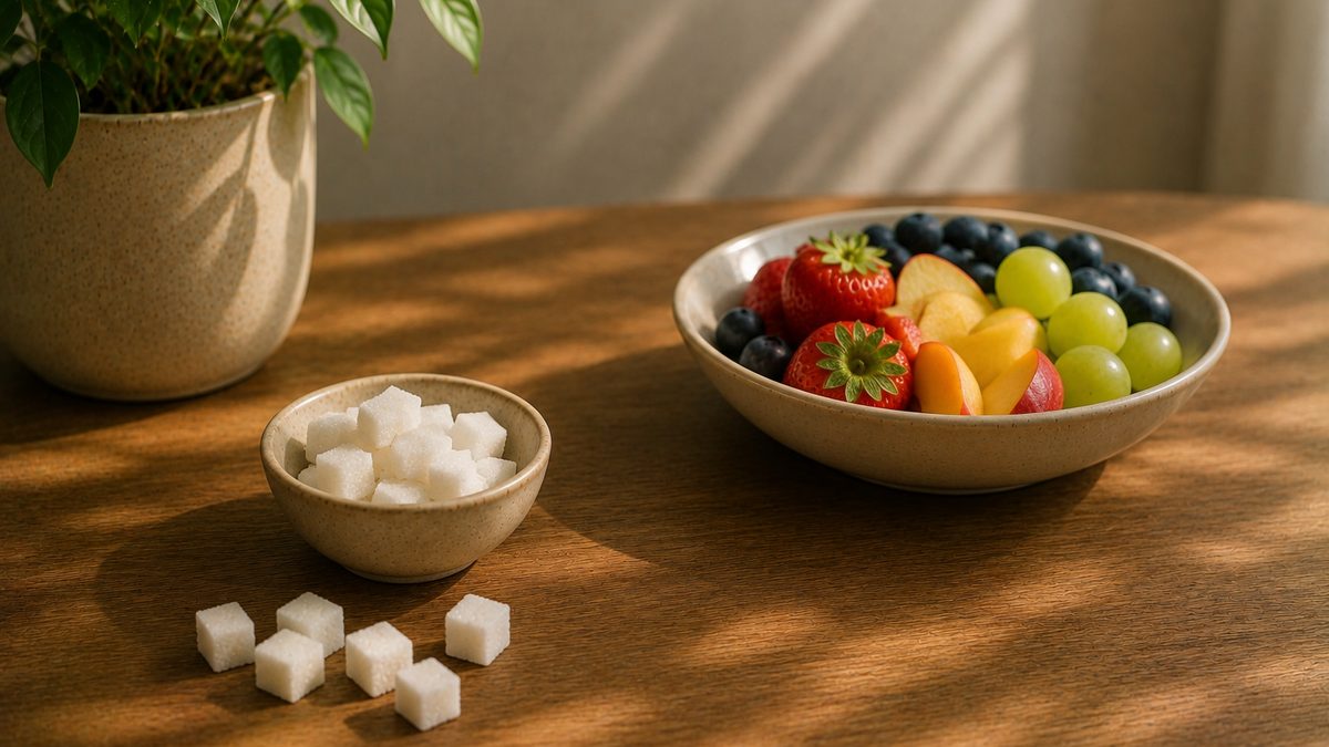 A bowl of fruit beside a phone showing a cut-sugar tracker app on a kitchen counter