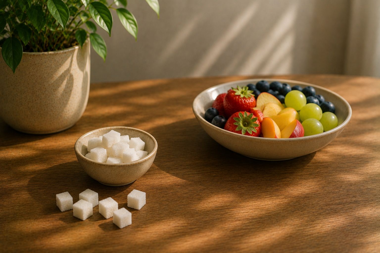 A bowl of fruit beside a phone showing a cut-sugar tracker app on a kitchen counter
