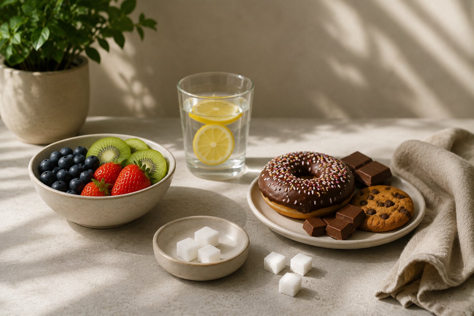 A glass jar of white sugar beside a measuring spoon on a wooden surface, soft morning light, suggesting deliberate measurement of a daily indulgence