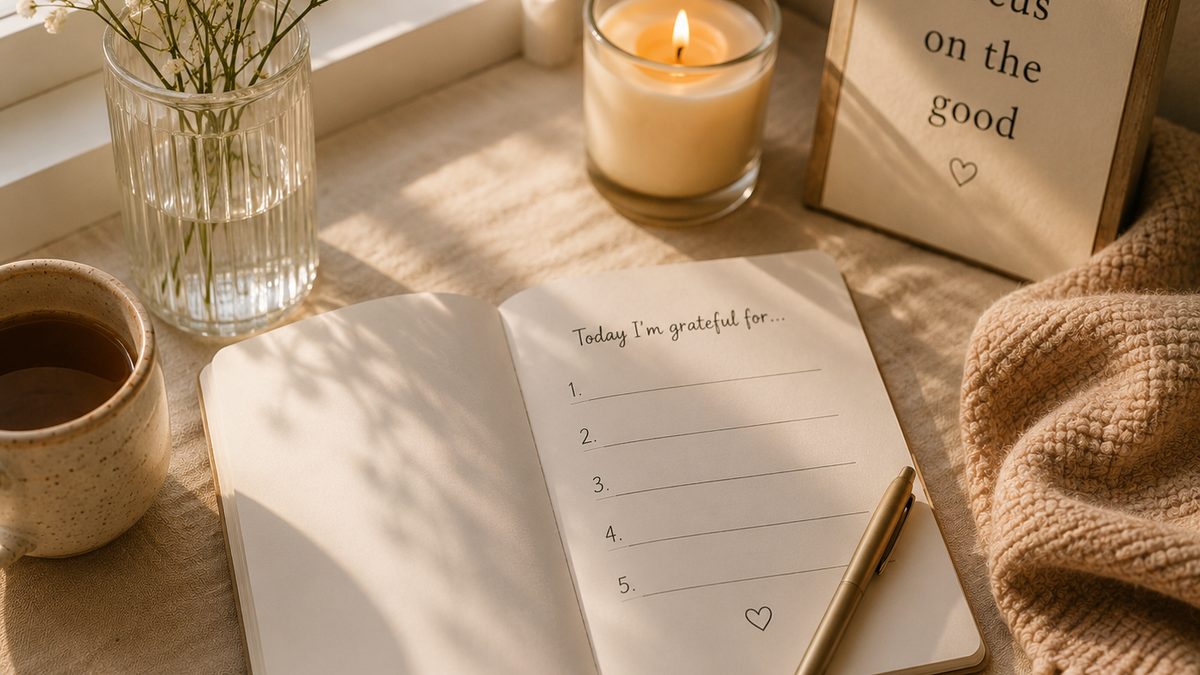 A journal open on a desk with a cup of tea, evening light through window