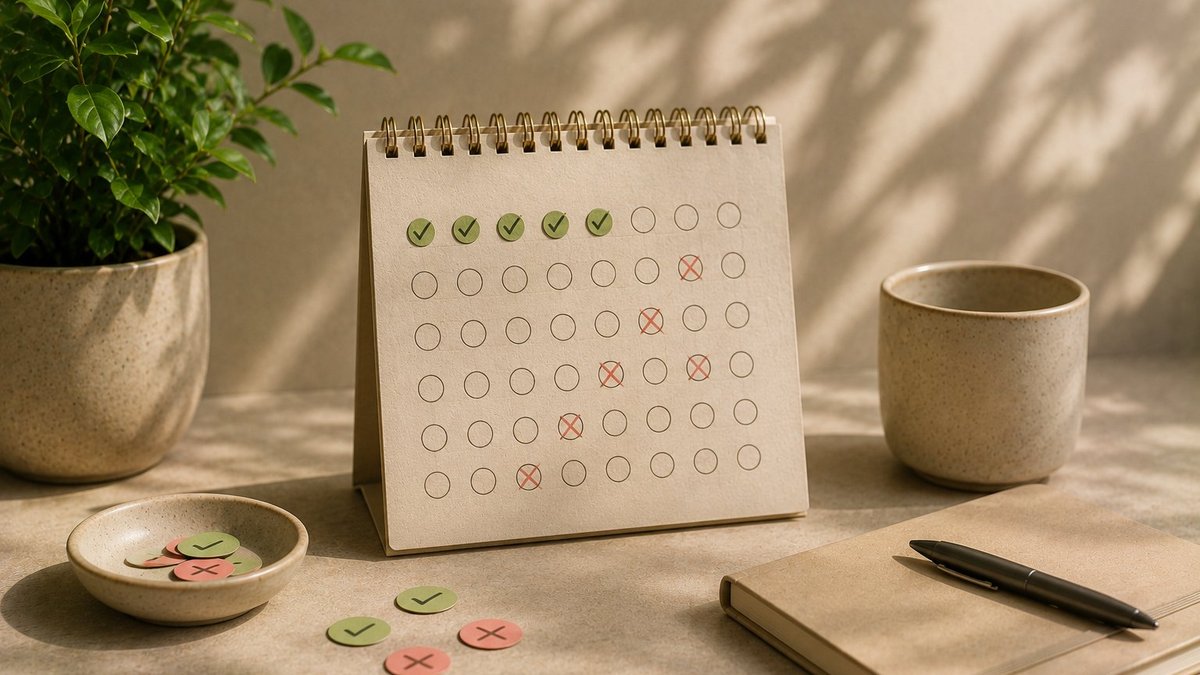 A wall calendar with days 1 through 3 crossed off and day 4 blank, representing the day-4 habit wall