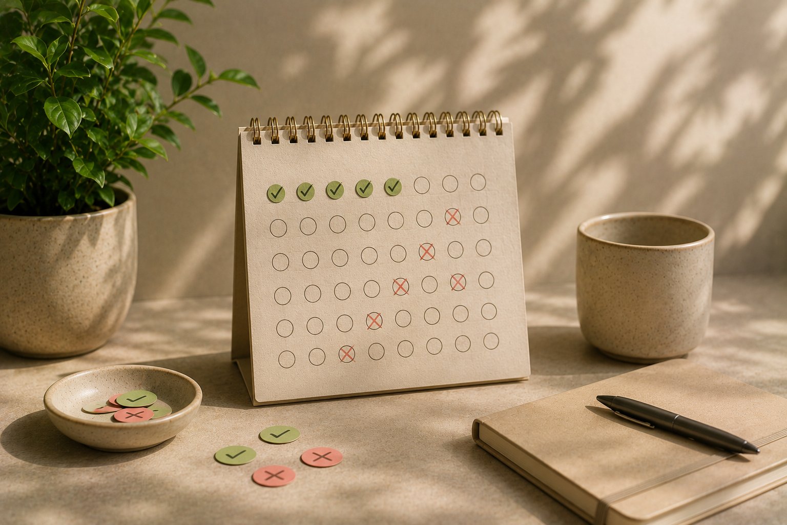 A wall calendar with days 1 through 3 crossed off and day 4 blank, representing the day-4 habit wall