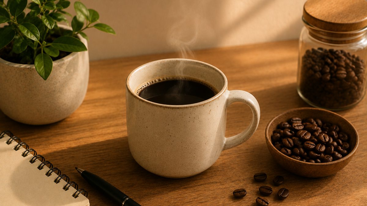 A coffee cup on a desk in afternoon light beside a phone showing a coffee-timing tracker
