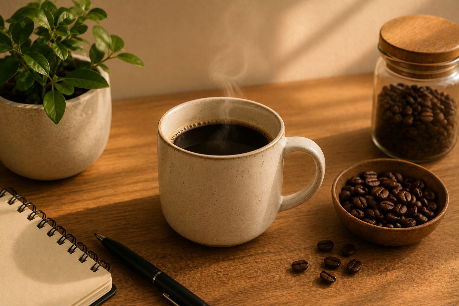 A coffee cup beside an analog clock showing 2:45pm on a clean kitchen counter