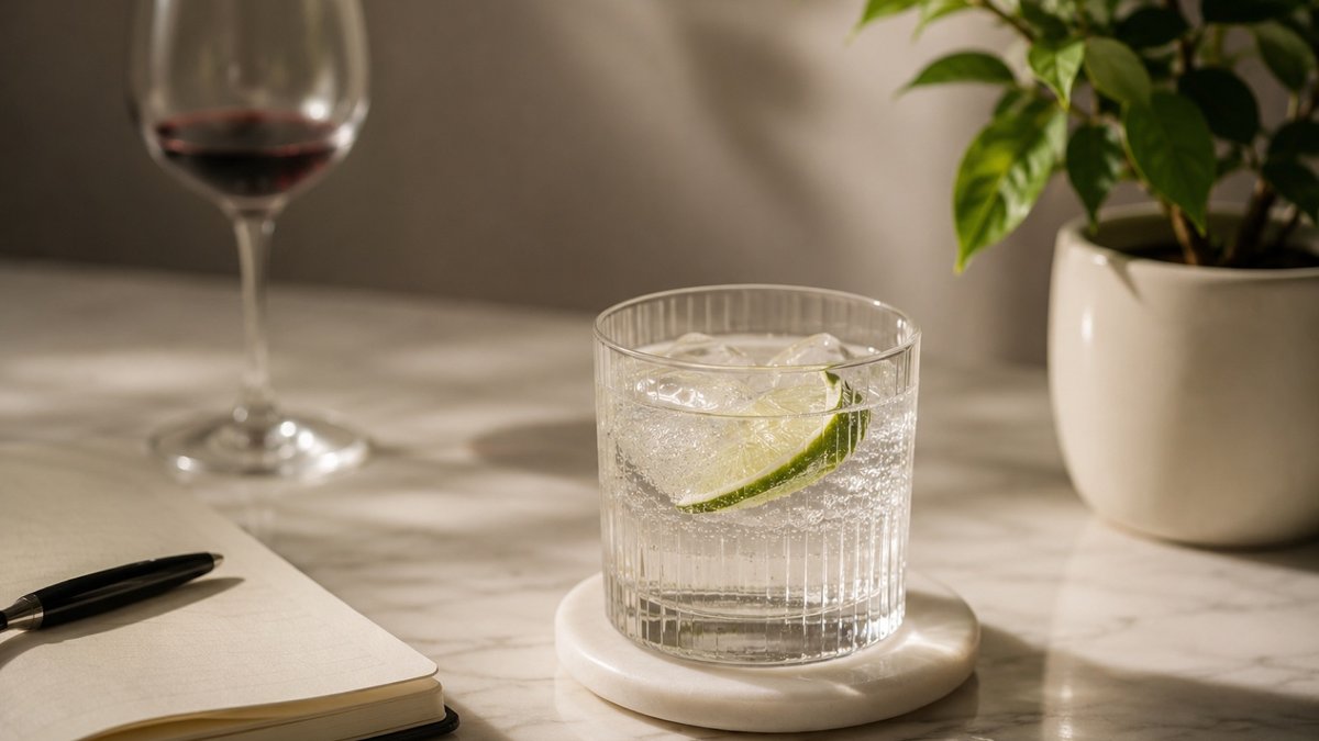 Single half-empty wine glass on a wooden table in evening light