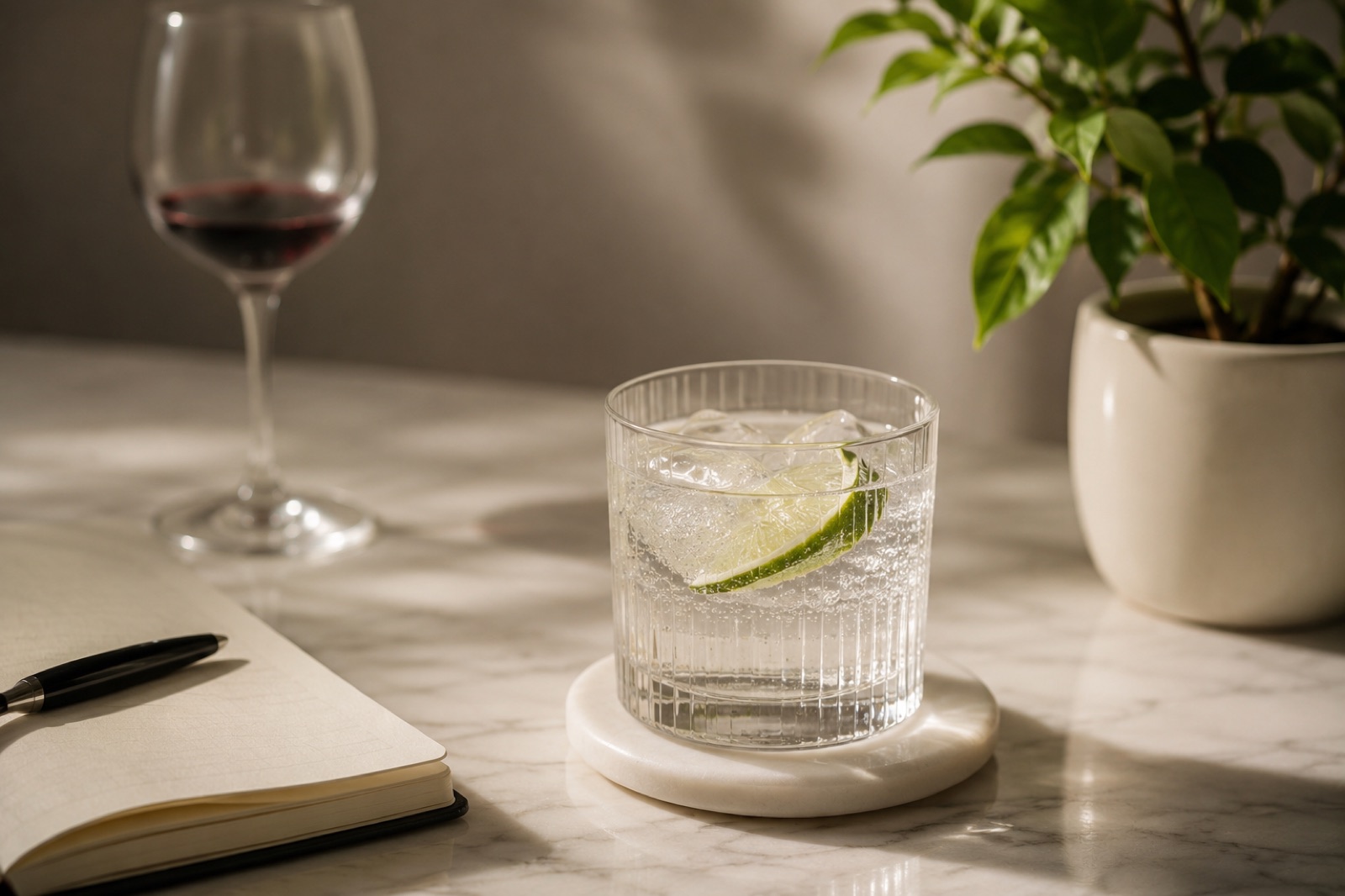 A single half-empty wine glass on a wooden table in soft evening light, suggesting moderation rather than abstinence