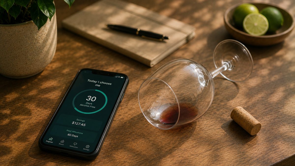 A glass of wine beside a phone showing a drink-less tracker app