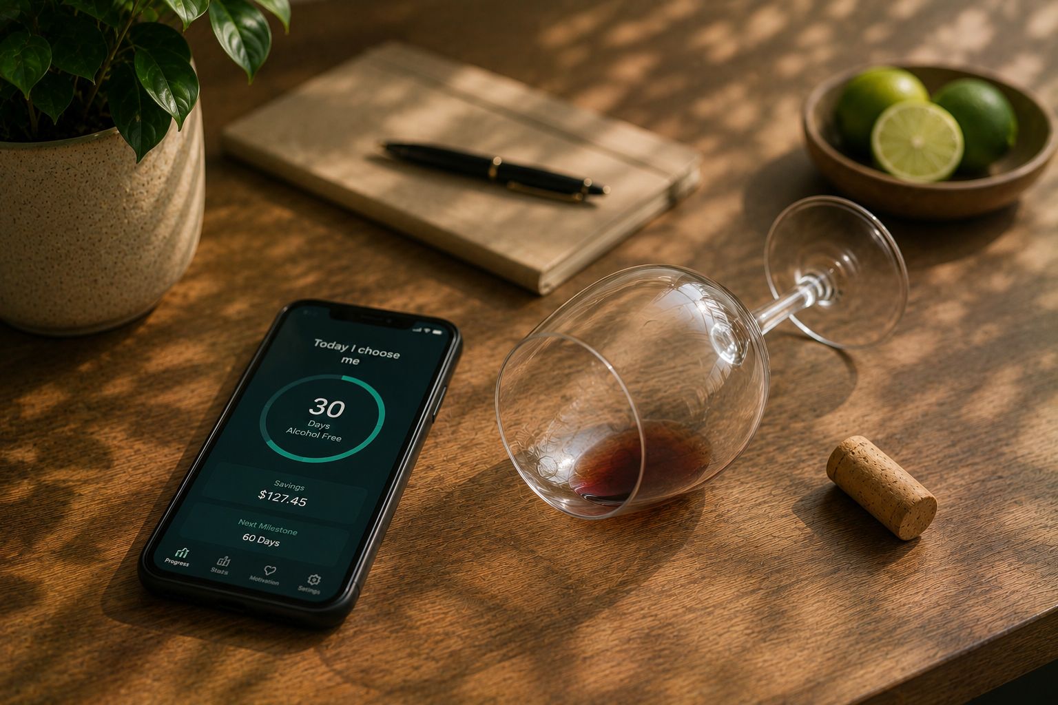 A wine glass and a phone showing a drink-less alcohol tracker app on a kitchen counter