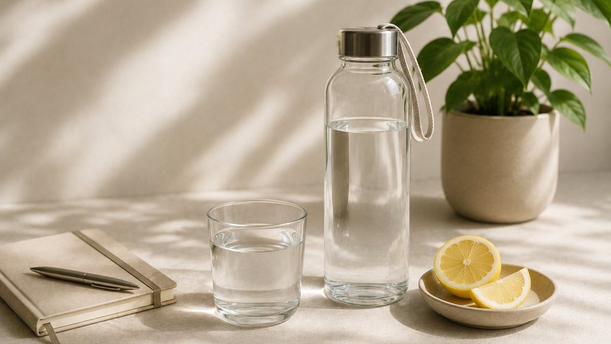 A clear glass of cold water beside a water-tracker phone screen on a kitchen counter