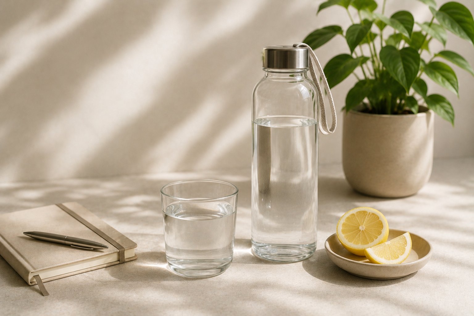 A clear glass of cold water beside a water-tracker phone screen on a kitchen counter, soft morning light, suggesting a small daily ritual