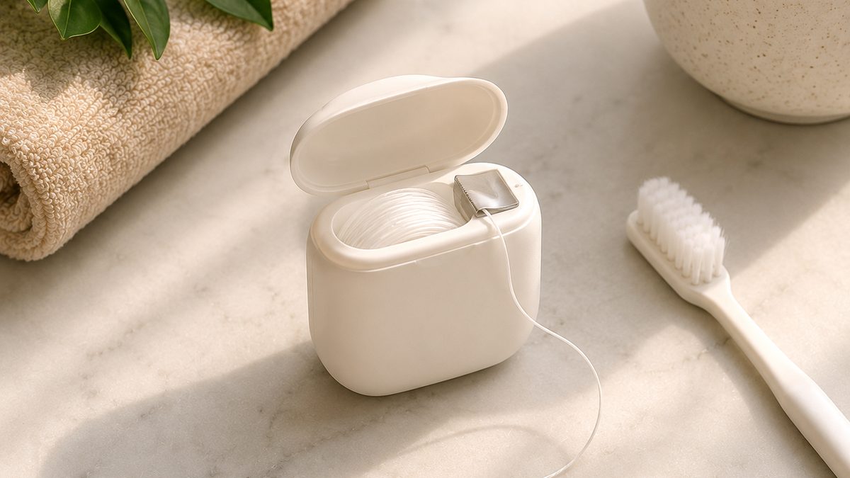 A dental floss container sitting on top of a toothbrush on a bathroom counter