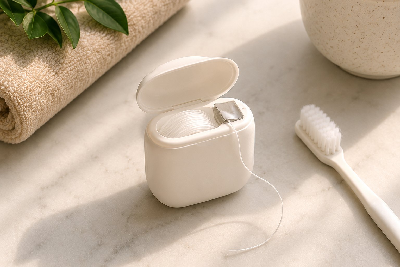 A dental floss container sitting on top of a toothbrush on a bathroom counter