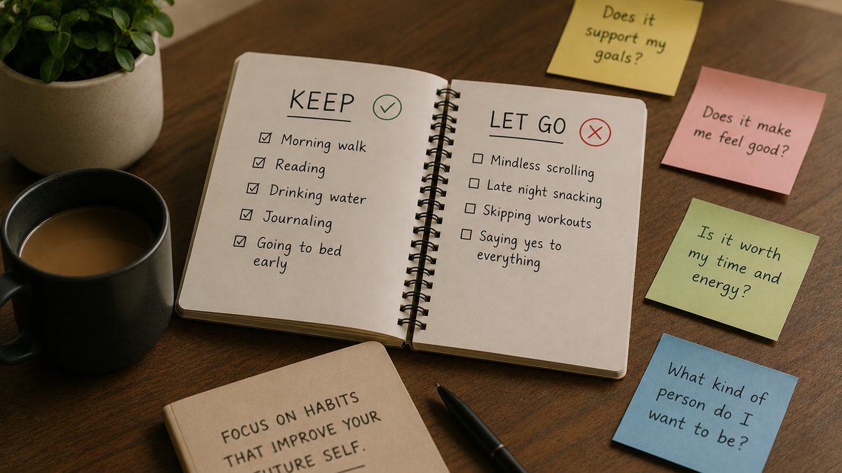 A desk with a notebook listing habits with check marks and X's, beside a phone showing a habit audit tracker