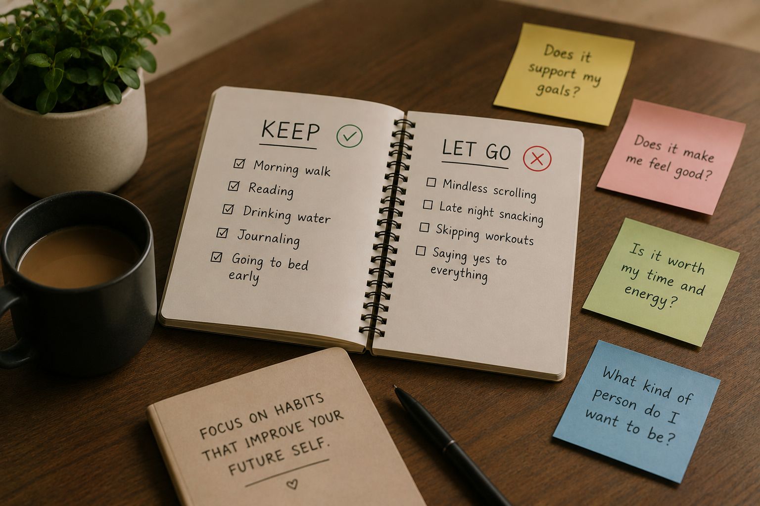 A notebook with a list of habits being ranked and crossed out beside a phone showing a habit-audit tracker