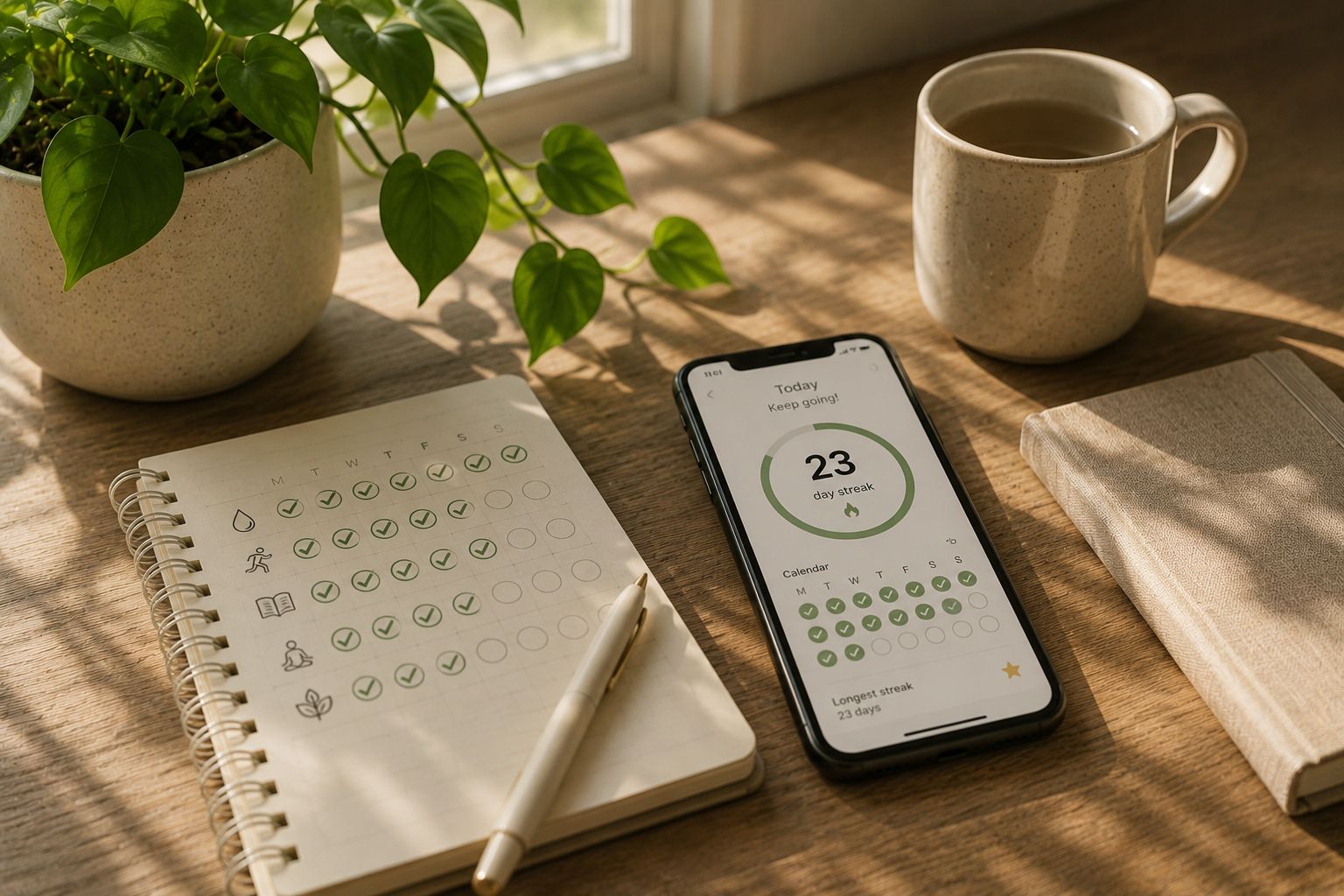 A phone showing a habit tracker app with a long calendar view instead of a streak counter