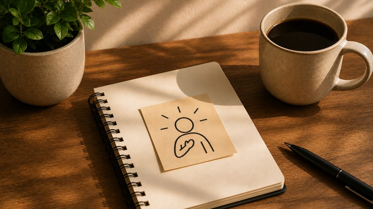 A journal page with I am statements beside a phone showing an identity-based habit tracker