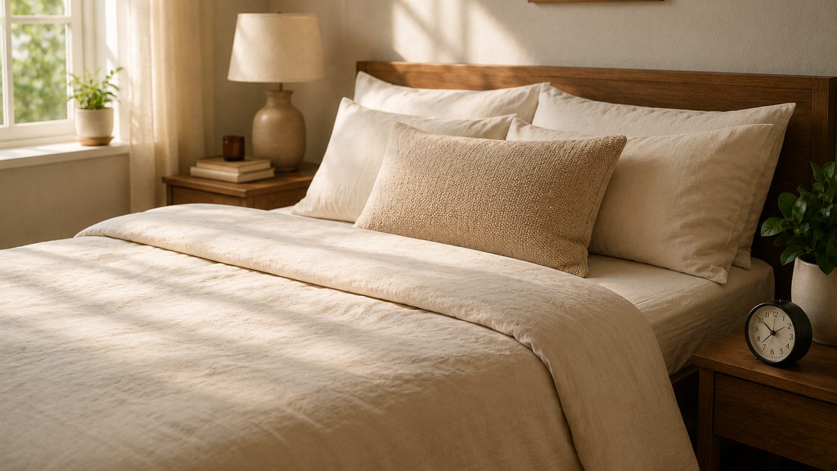 A neatly made bed in morning light with sunlight on the duvet