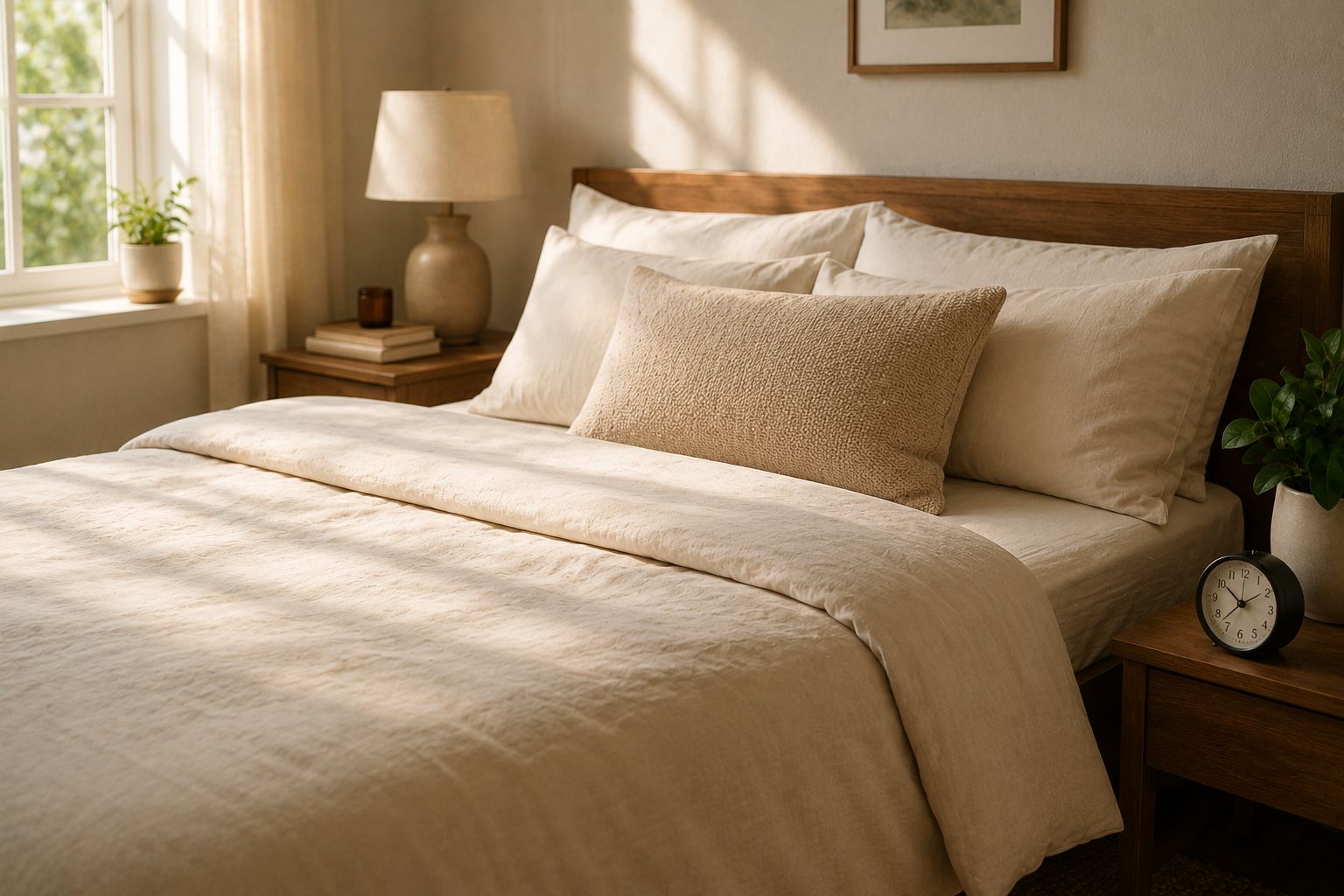 A neatly made bed in morning light with sunlight on the duvet