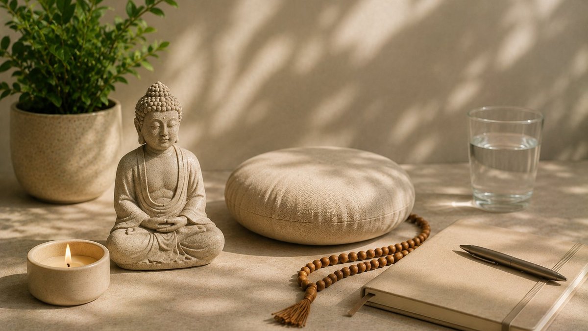 A simple meditation cushion on a hardwood floor beside a meditation tracker phone screen