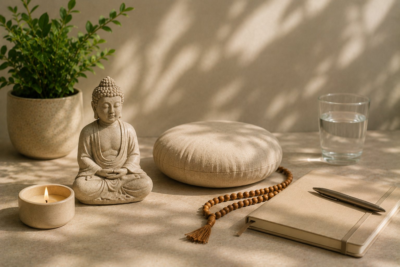 A simple meditation cushion on a hardwood floor beside a phone showing a meditation tracker, soft morning light