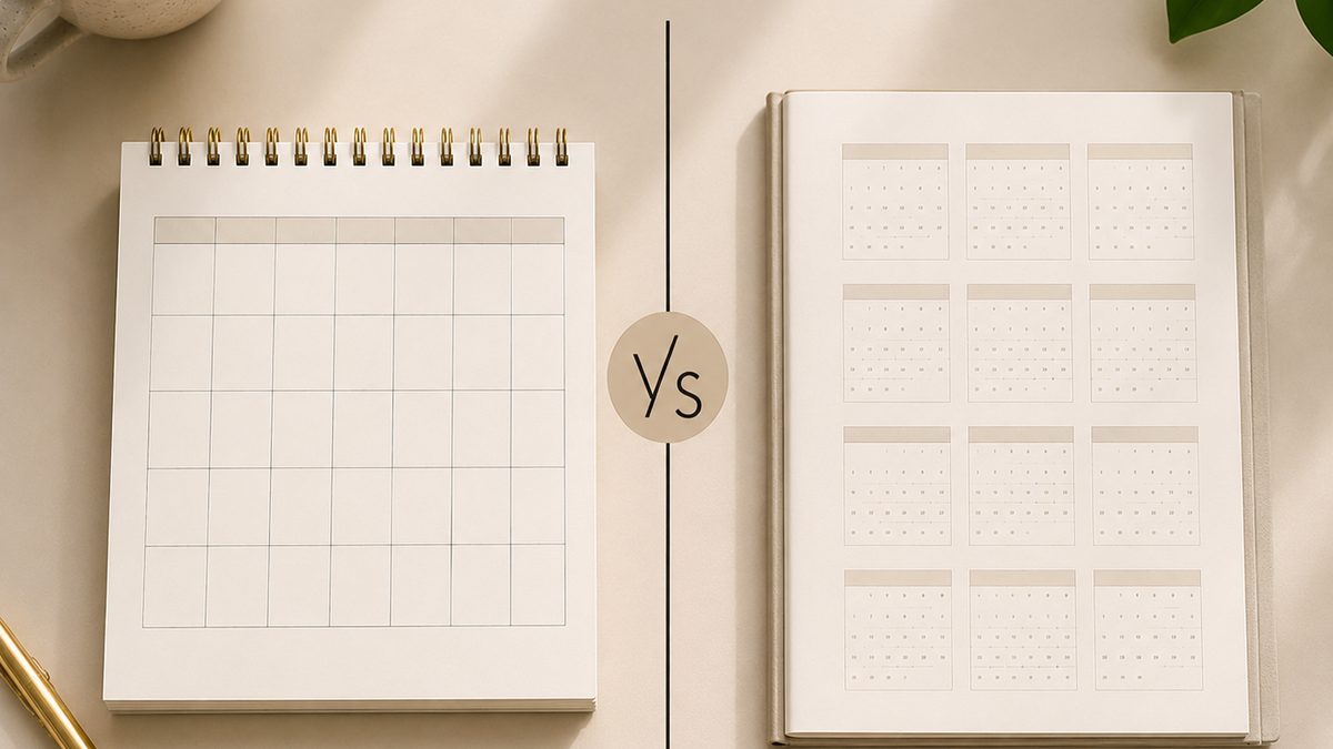 Two calendar pages side by side - one showing a single month, one showing a full year