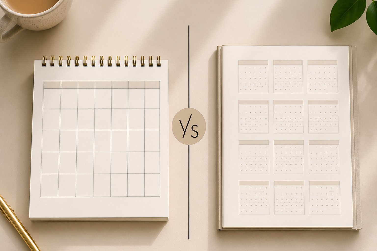 Two calendar pages side by side: one showing a month, one showing a year