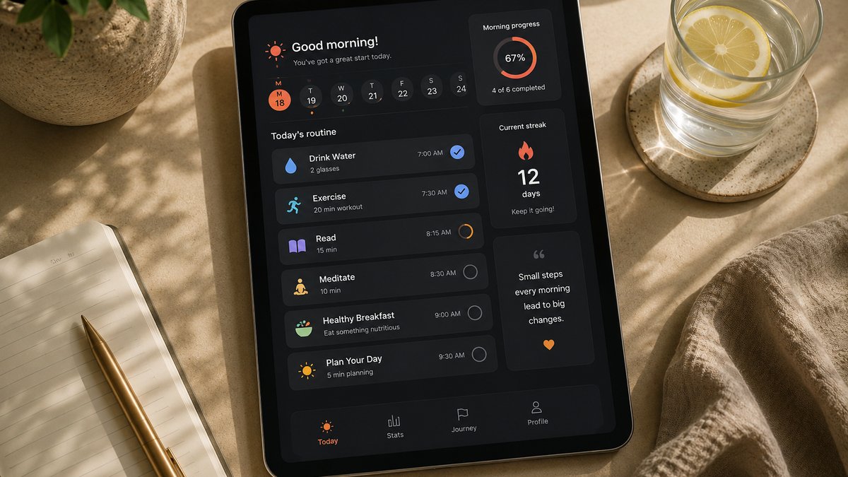 Phone showing a morning routine habit tracker app with a daily checklist
