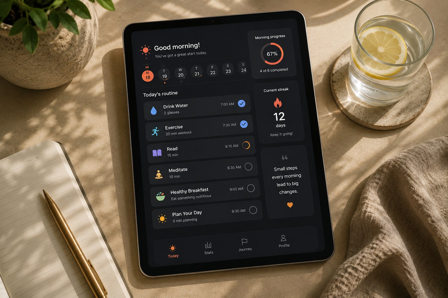 Phone showing a morning routine habit tracker app with a daily checklist