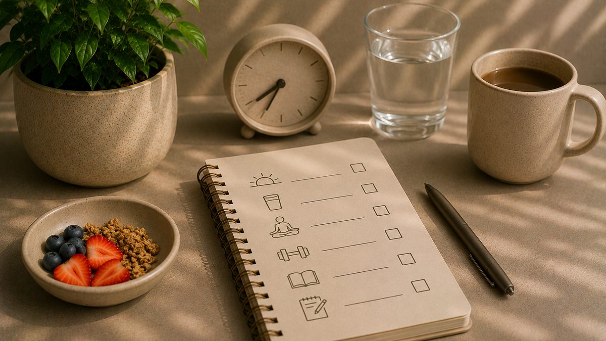 A coffee mug and open notebook on a sunlit desk beside a phone showing a morning-routine habit chain