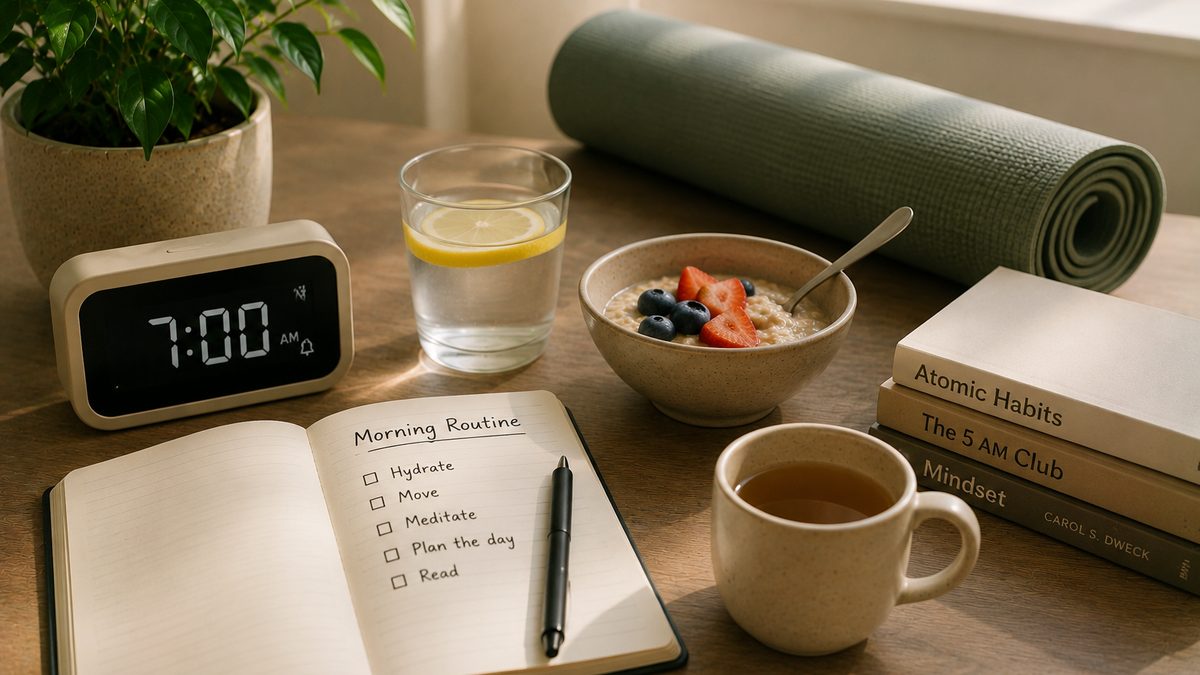 Morning items on a sunlit table - coffee mug, water glass, notebook - beside a phone showing a morning routine tracker