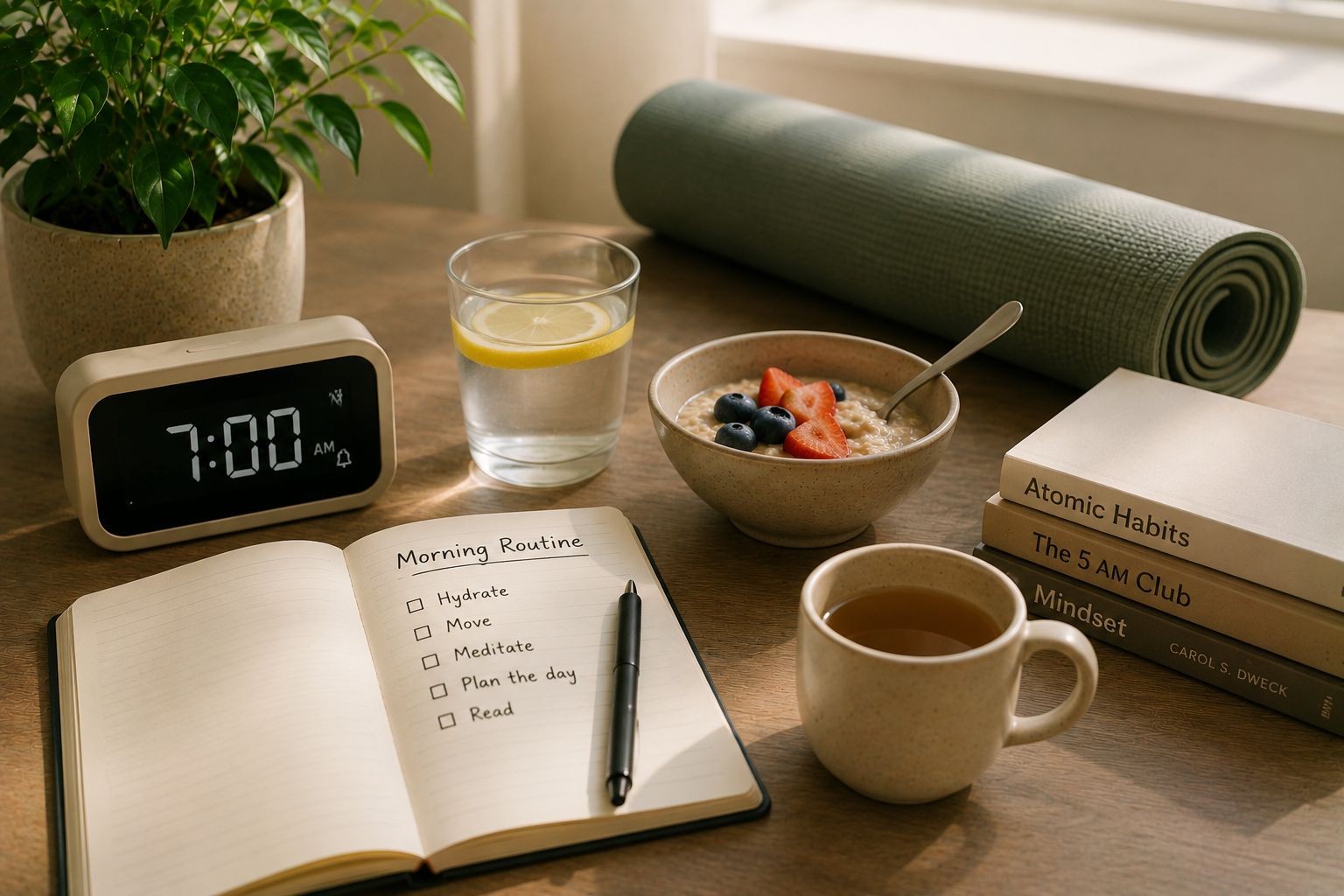 Morning items on a sunlit table - coffee mug, water glass, notebook - beside a phone showing a morning routine tracker
