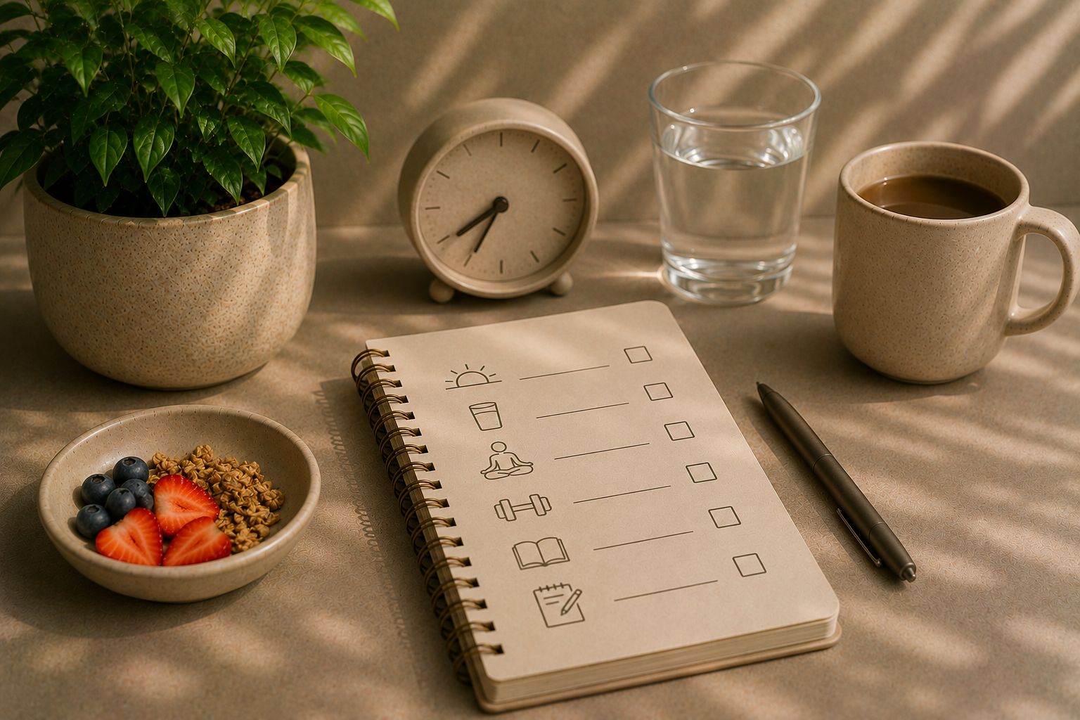 A warm mug of coffee, an open notebook and pen on a sunlit desk beside a phone showing a morning-routine habit chain