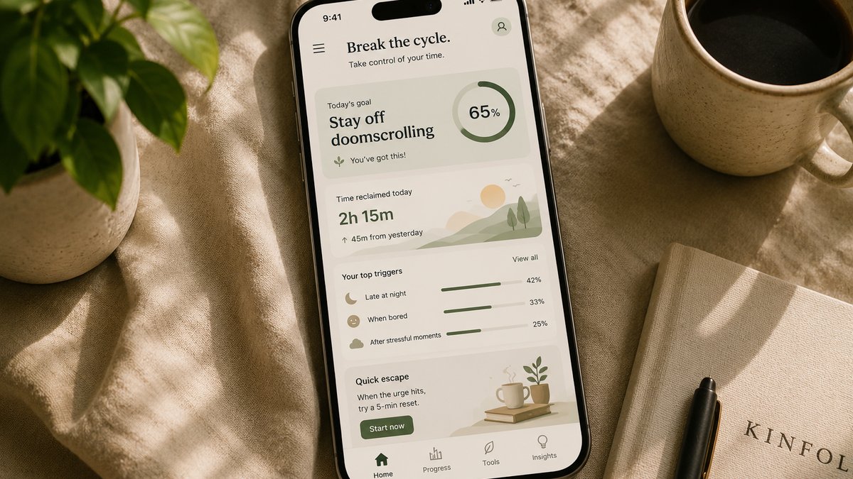 Phone showing a screen-time tracker app with a doomscrolling habit log
