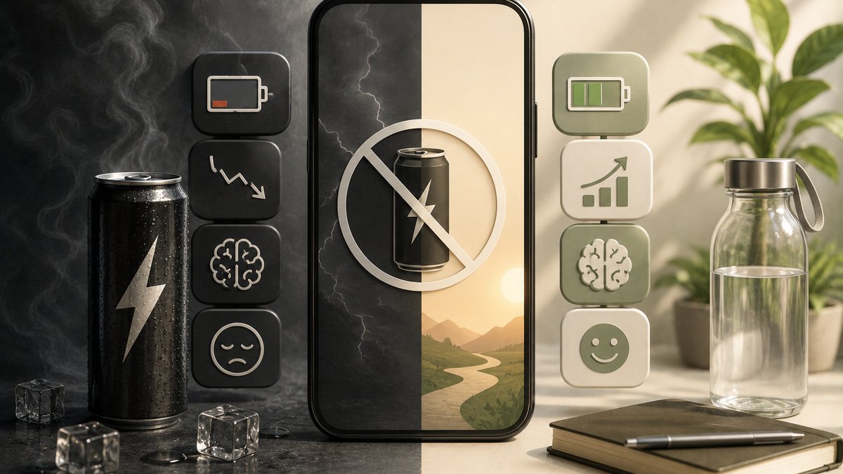 Phone showing an energy drink taper tracker app beside an empty Monster can