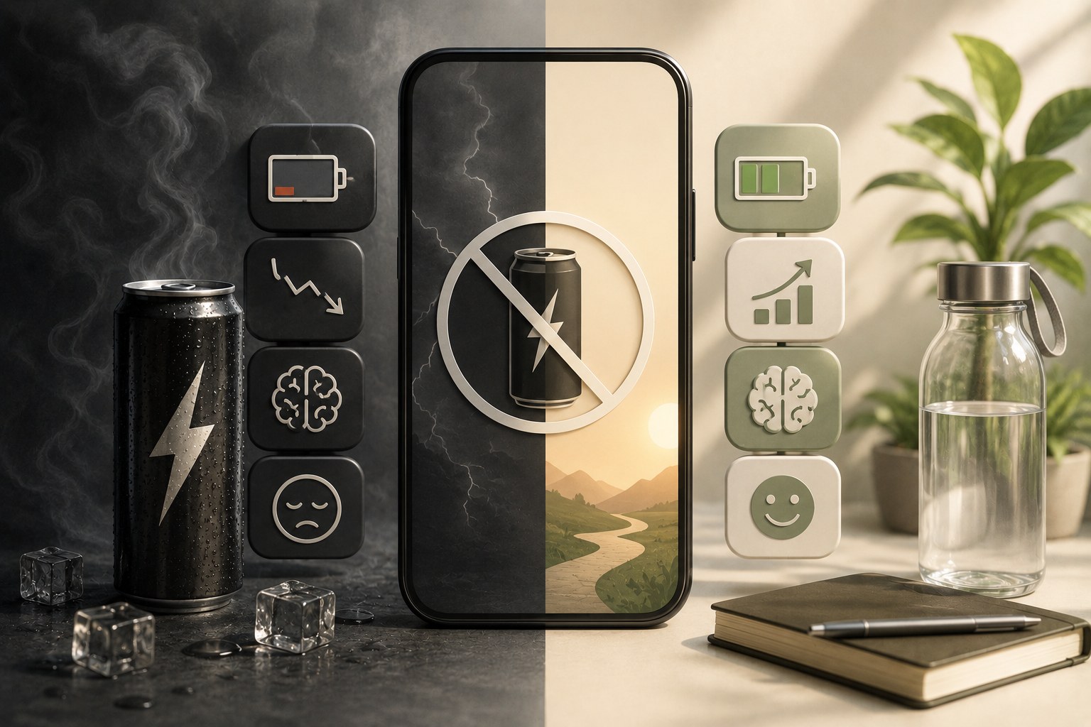Phone showing an energy drink taper tracker app beside an empty Monster can