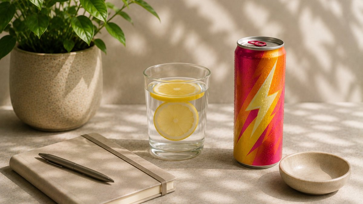 An open can of energy drink on a desk beside an energy-drink tracker phone screen