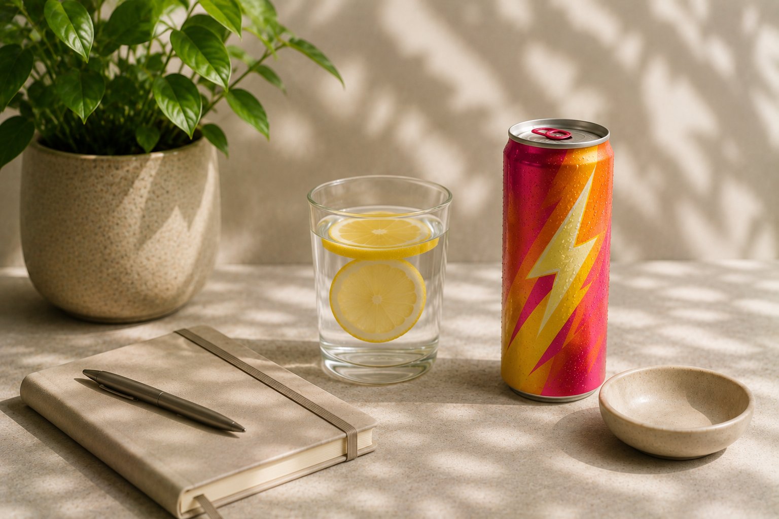 An open can of energy drink on a desk beside a phone screen showing an energy-drink tracker, soft afternoon light
