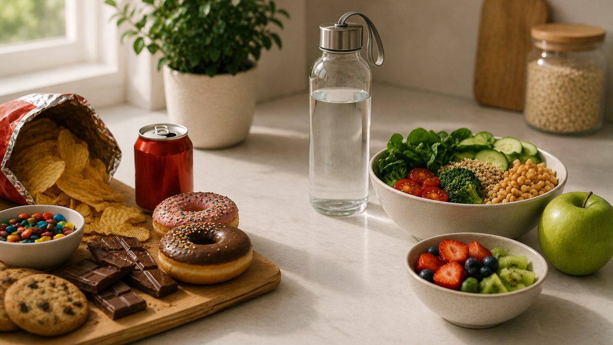A kitchen counter with whole-food groceries replacing junk-food packages, beside a phone showing a quit-junk-food tracker