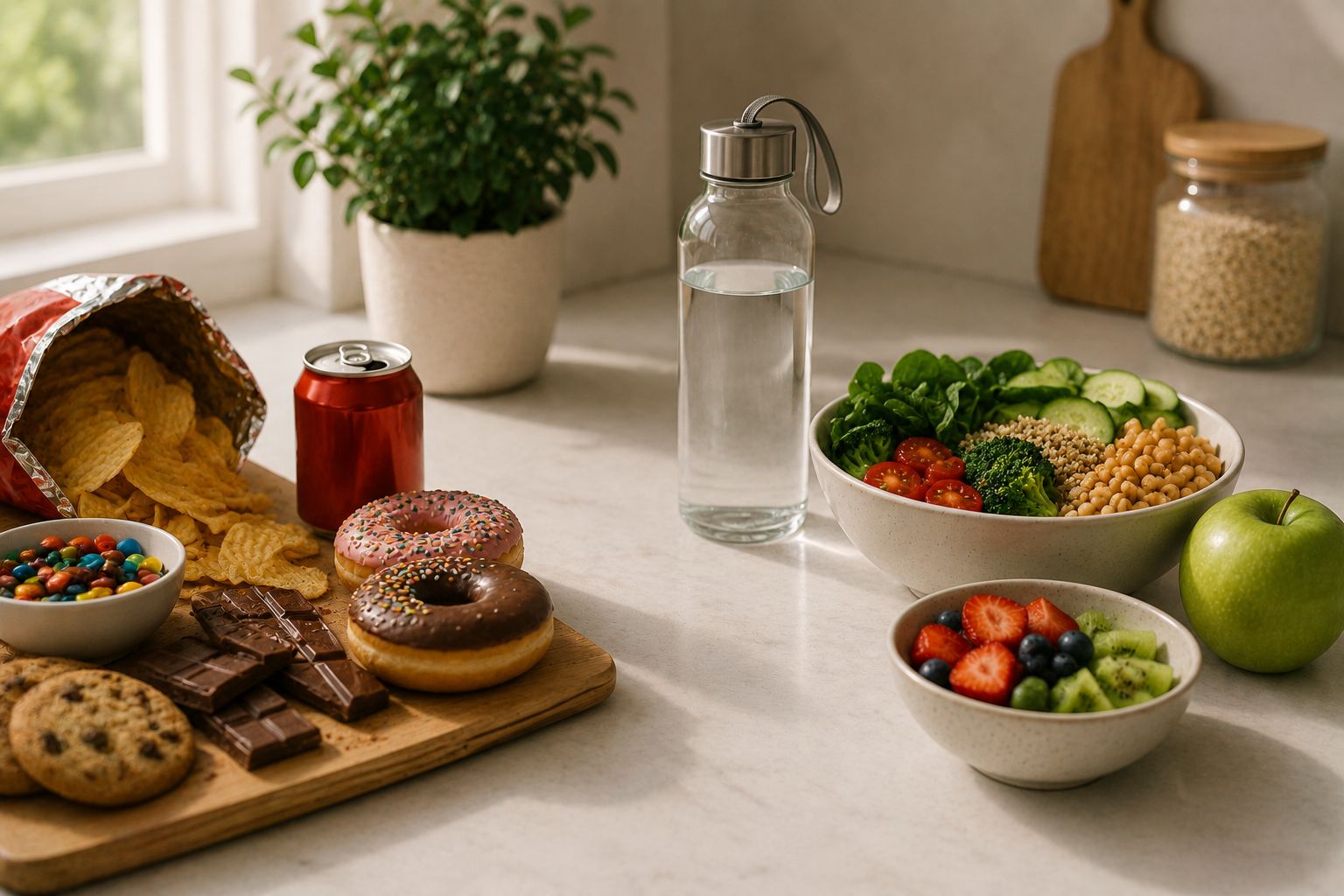 A kitchen counter with whole-food groceries replacing junk-food packages, beside a phone showing a quit-junk-food tracker