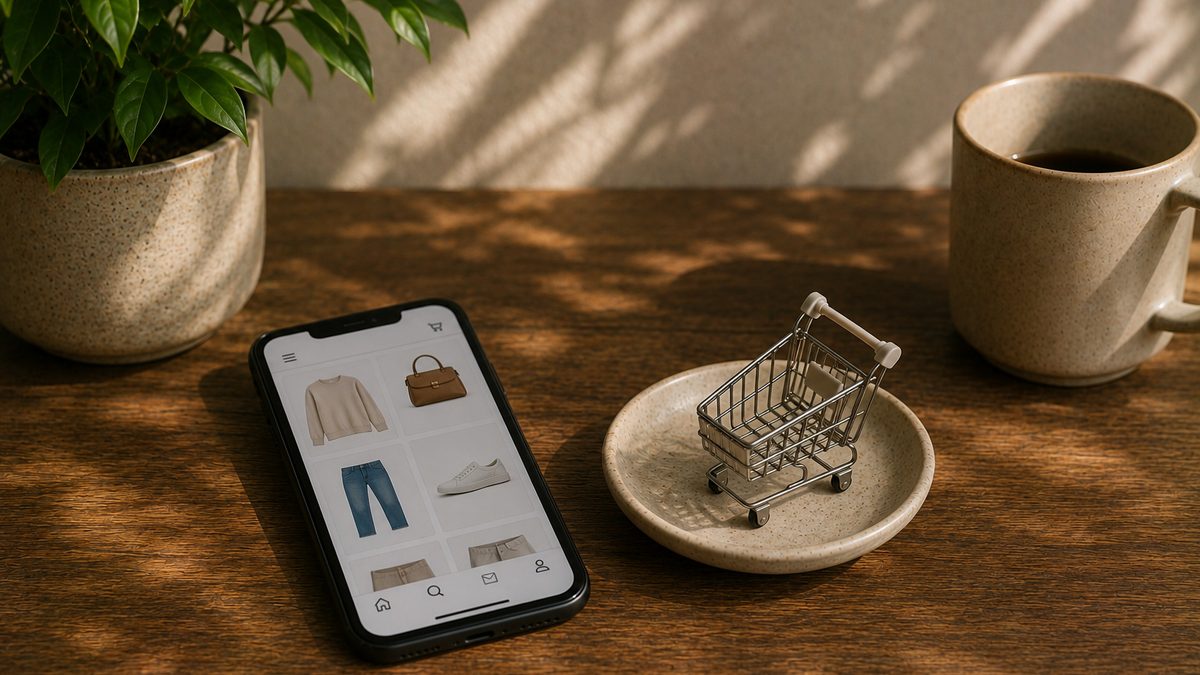 A stack of unopened Amazon boxes on a porch beside a phone showing a quit-online-shopping tracker